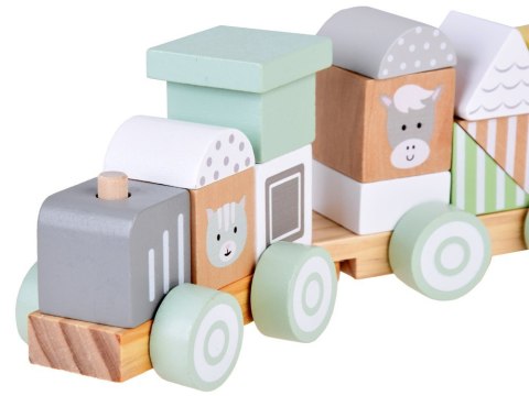Miętowa Drewniana Kolejka Lokomotywa z Wagonami i Klockami 23 ele ZA5262
