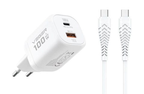 Ładowarka sieciowa do telefonu USB A + Typ C PD Super Charge PPS 100W + kabel Typ C do C 240W VEGER TR150 biała
