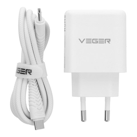 Ładowarka sieciowa do telefonu VEGER USB A + Typ C PD QC3.0 3,25A 65W + kabel USB C do USB C TR67 biała