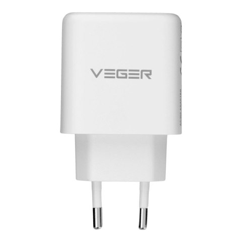 Ładowarka sieciowa do telefonu VEGER USB A + Typ C PD QC3.0 3,25A 65W + kabel USB C do USB C TR67 biała