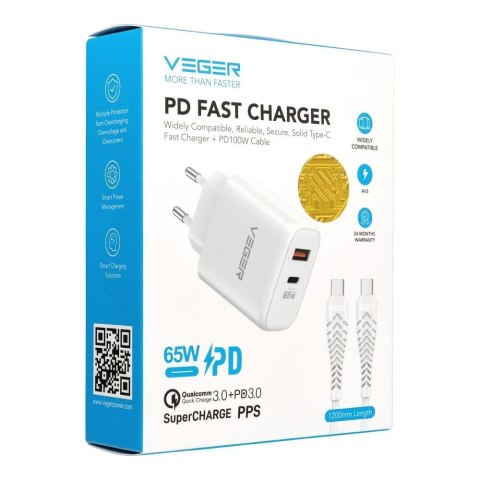 Ładowarka sieciowa do telefonu VEGER USB A + Typ C PD QC3.0 3,25A 65W + kabel USB C do USB C TR67 biała