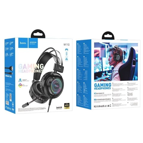 Słuchawki przewodowe nauszne Hoco gamingowe USB A + Jack 3,5 mm gamingowe 2 m W110 czarne