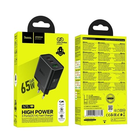 Ładowarka sieciowa do telefonu Hoco 2x USB C + USB A QC3.0 PD 3A 65W N75 czarna
