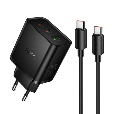 Ładowarka sieciowa do telefonu Hoco 2x USB C + USB A QC3.0 PD 3A 65W + kabel USB C do USB C N75 czarna
