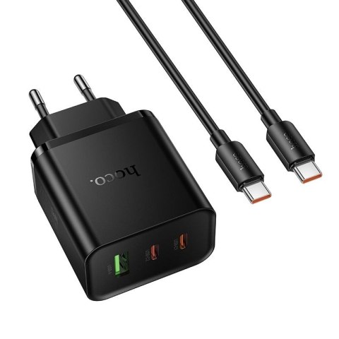Ładowarka sieciowa do telefonu Hoco 2x USB C + USB A QC3.0 PD 3A 65W + kabel USB C do USB C N75 czarna