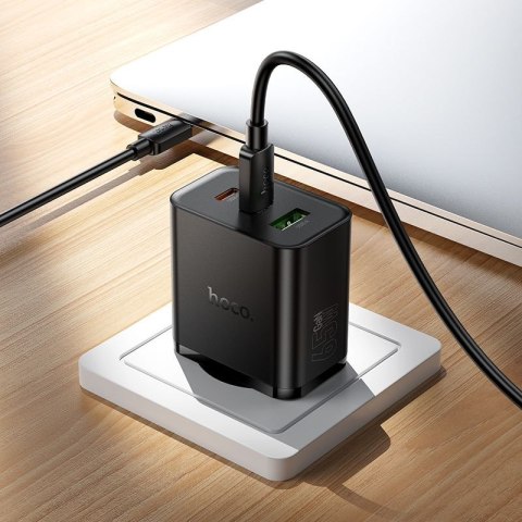 Ładowarka sieciowa do telefonu Hoco 2x USB C + USB A QC3.0 PD 3A 65W + kabel USB C do USB C N75 czarna
