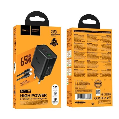 Ładowarka sieciowa do telefonu Hoco 2x USB C + USB A QC3.0 PD 3A 65W + kabel USB C do USB C N75 czarna