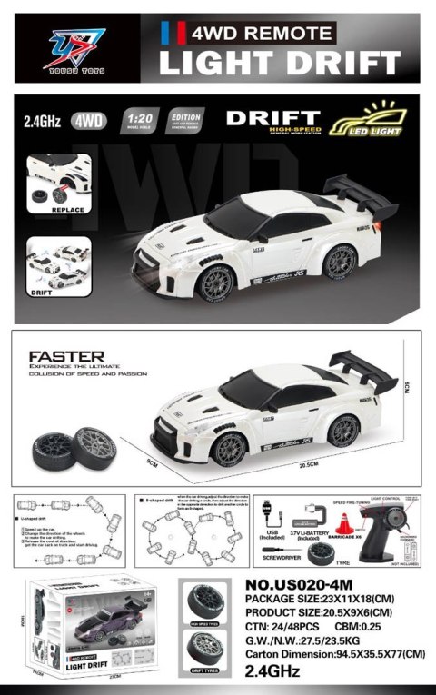 Autko R/C do Driftu 1:20 z Funkcją Świateł Biały